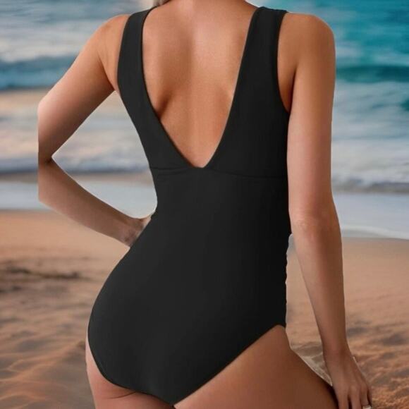 Eomenie Womens One Piece Swimsuit Large Black Ribbed V Neck Tummy Control - Picture 3 of 7